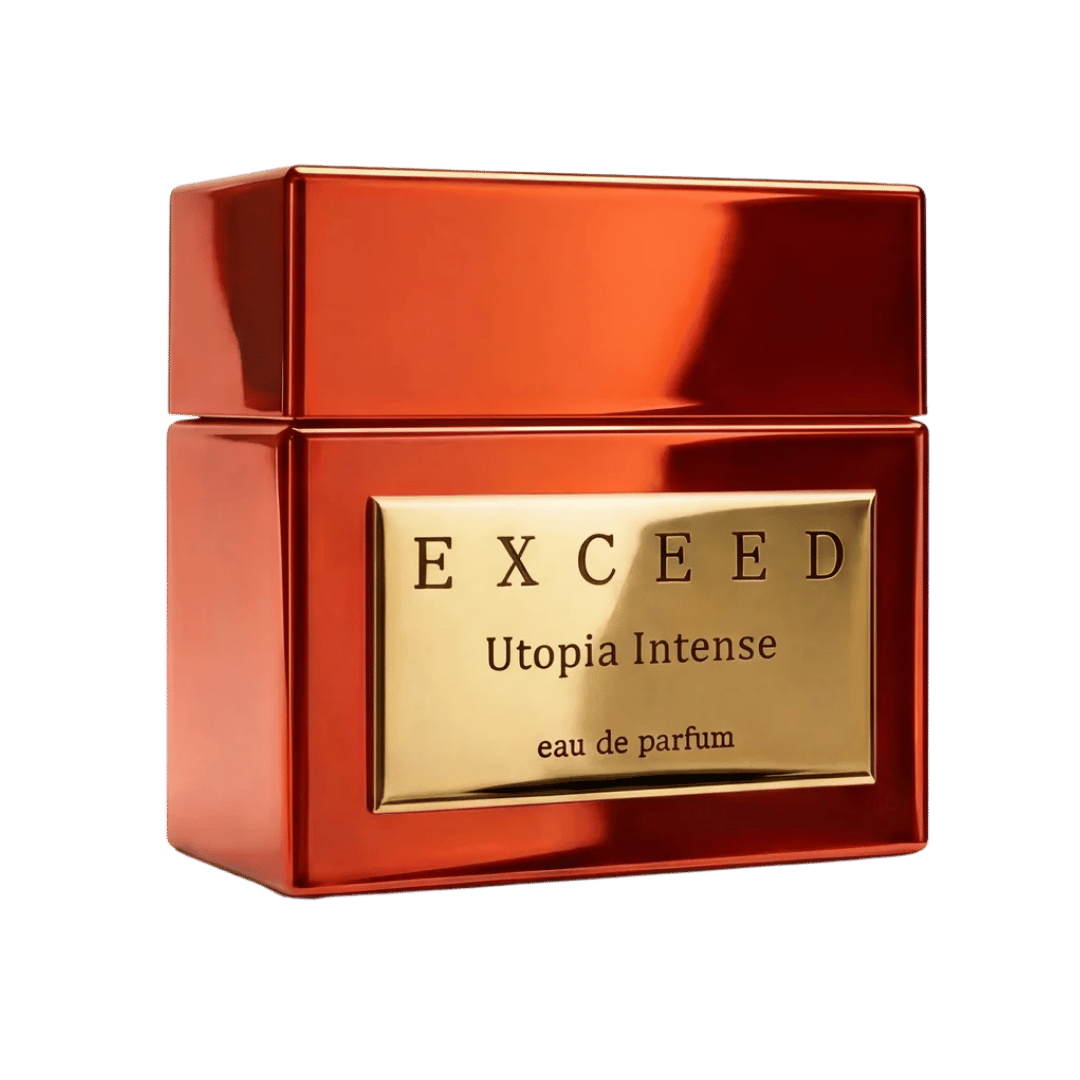 Red and gold Exceed Utopia Intense eau de parfum packaging on a transparent background