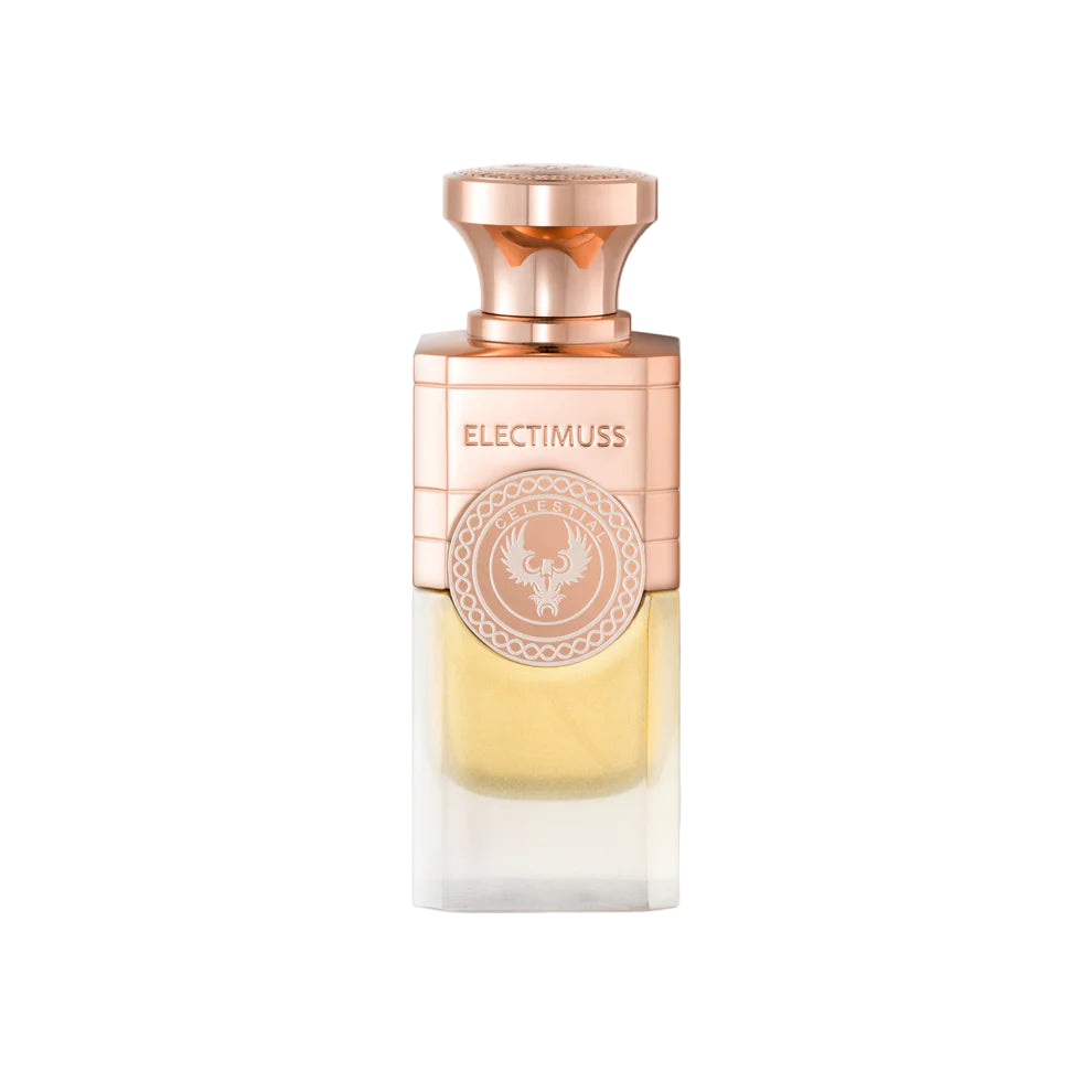 Perfume bottle with rose gold cap and label on a white background