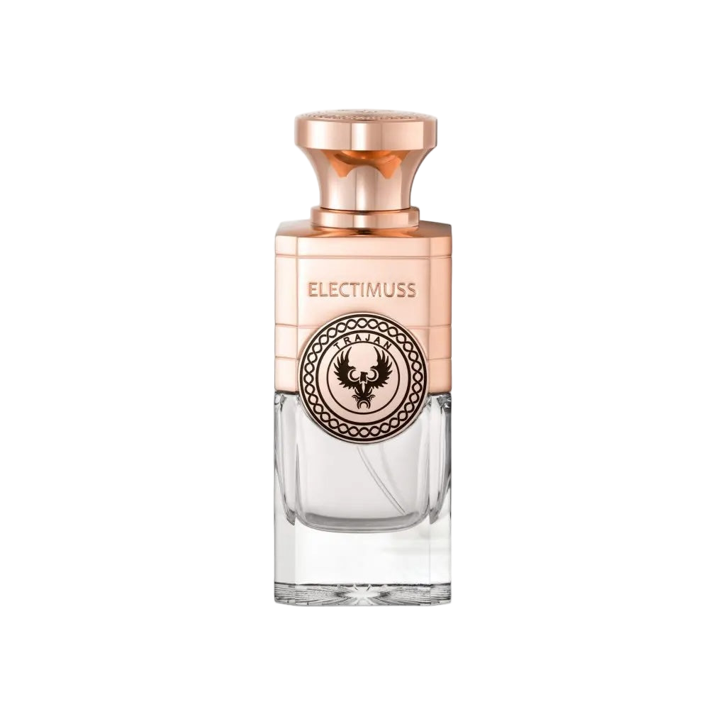 Perfume bottle with rose gold cap and clear glass body on a white background