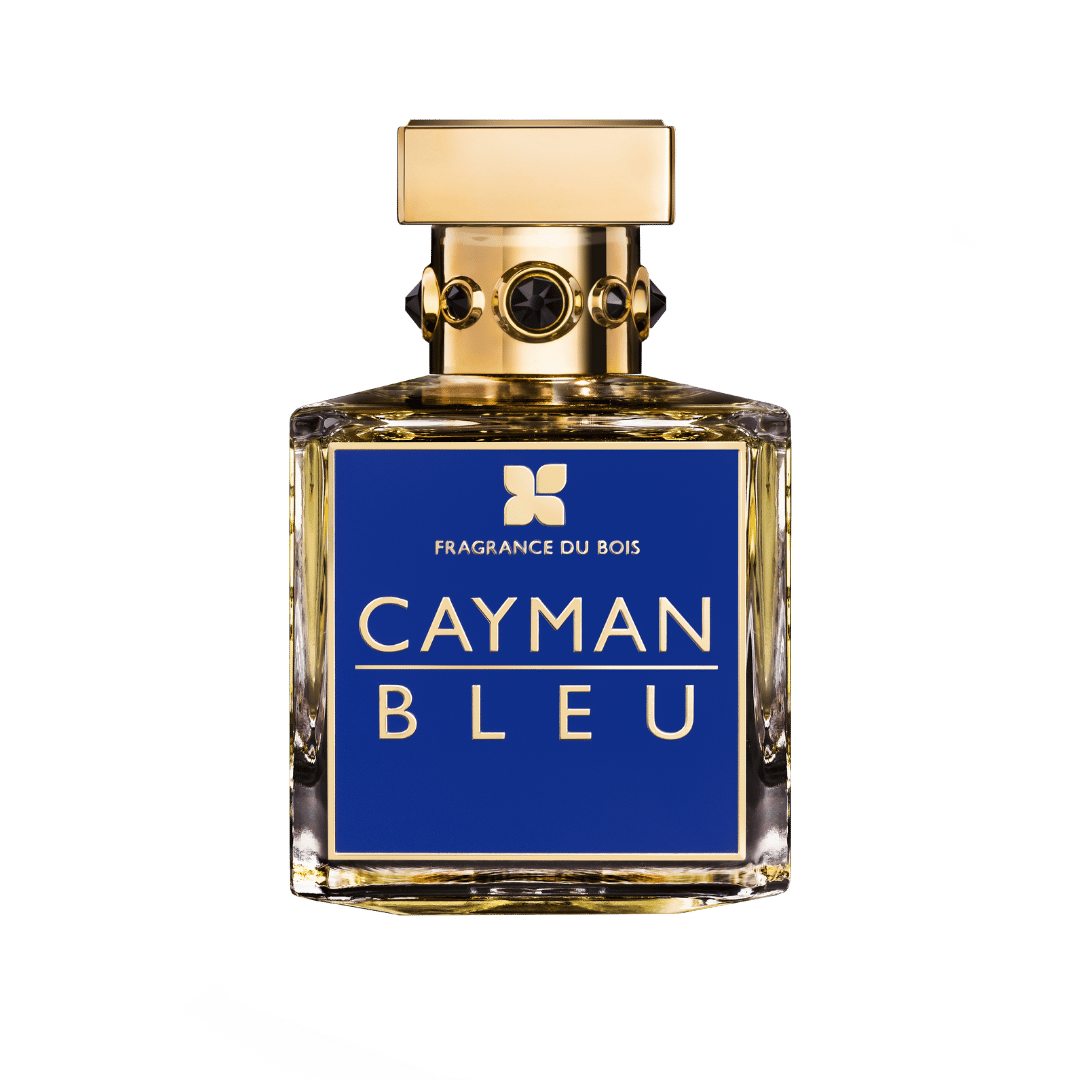 Perfume bottle labeled 'Cayman Bleu' by Fragrance du Bois on a clear background
