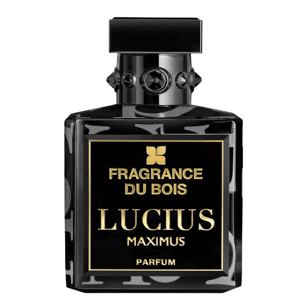 Black perfume bottle labeled 'Fragrance du Bois Lucius Maximus' on a transparent background