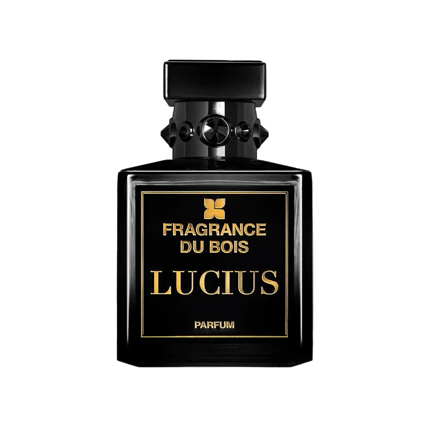 A black bottle of Fragrance Du Bois Lucius Parfum with gold text and a decorative cap.
