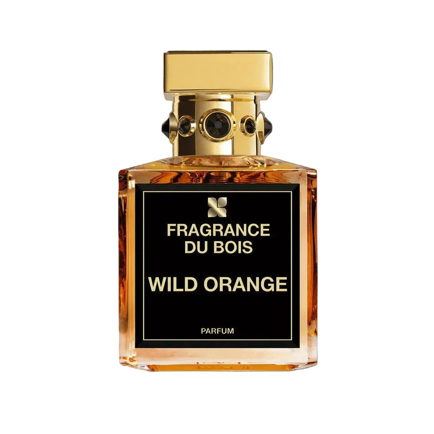 Perfume bottle labeled 'Fragrance du Bois Wild Orange' on a black background