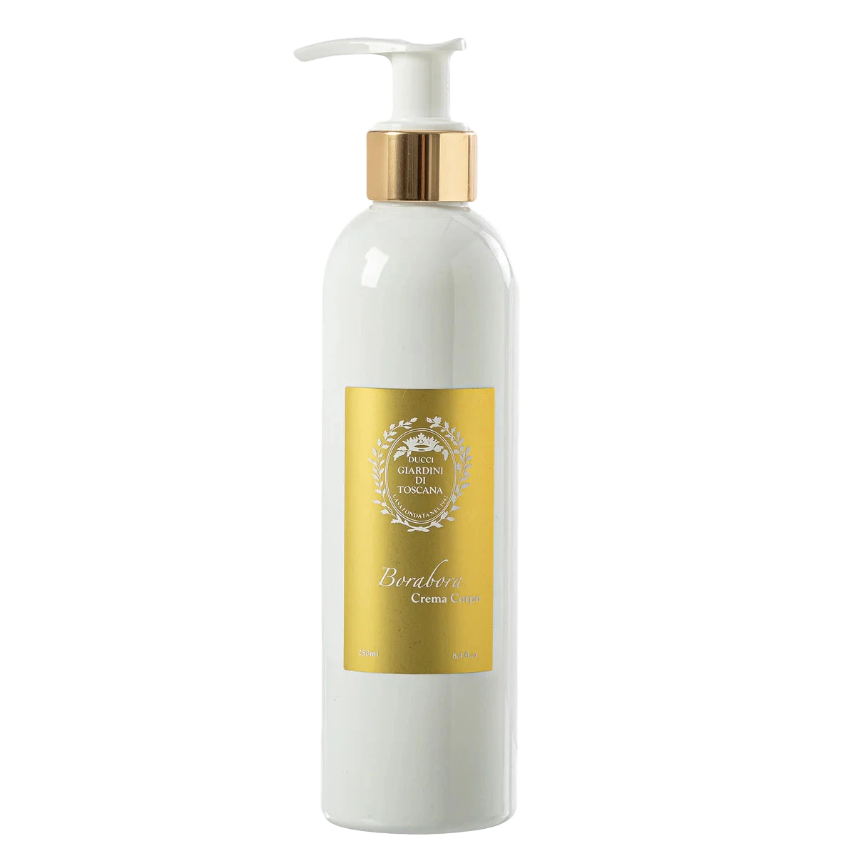 White bottle with gold label on a white background