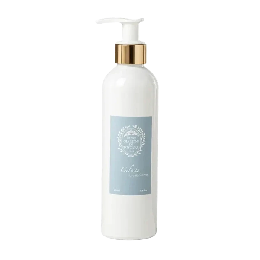 White bottle with gold pump and blue label on a white background