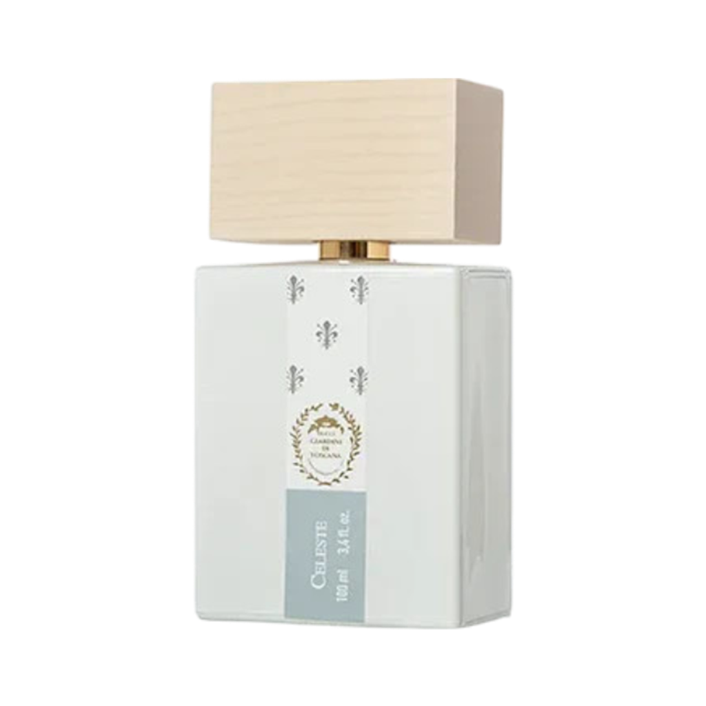 A bottle of Giardini di Toscana Celeste Eau de Parfum with a white label and a wooden cap.