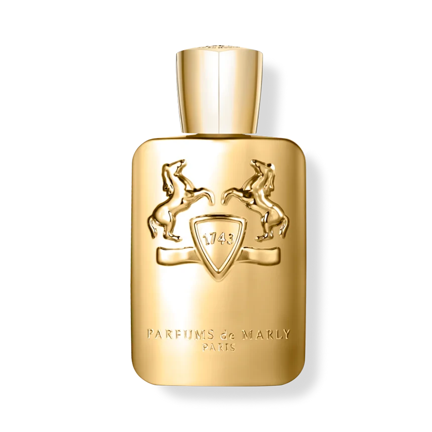 Gold perfume bottle with brand logo on a white background