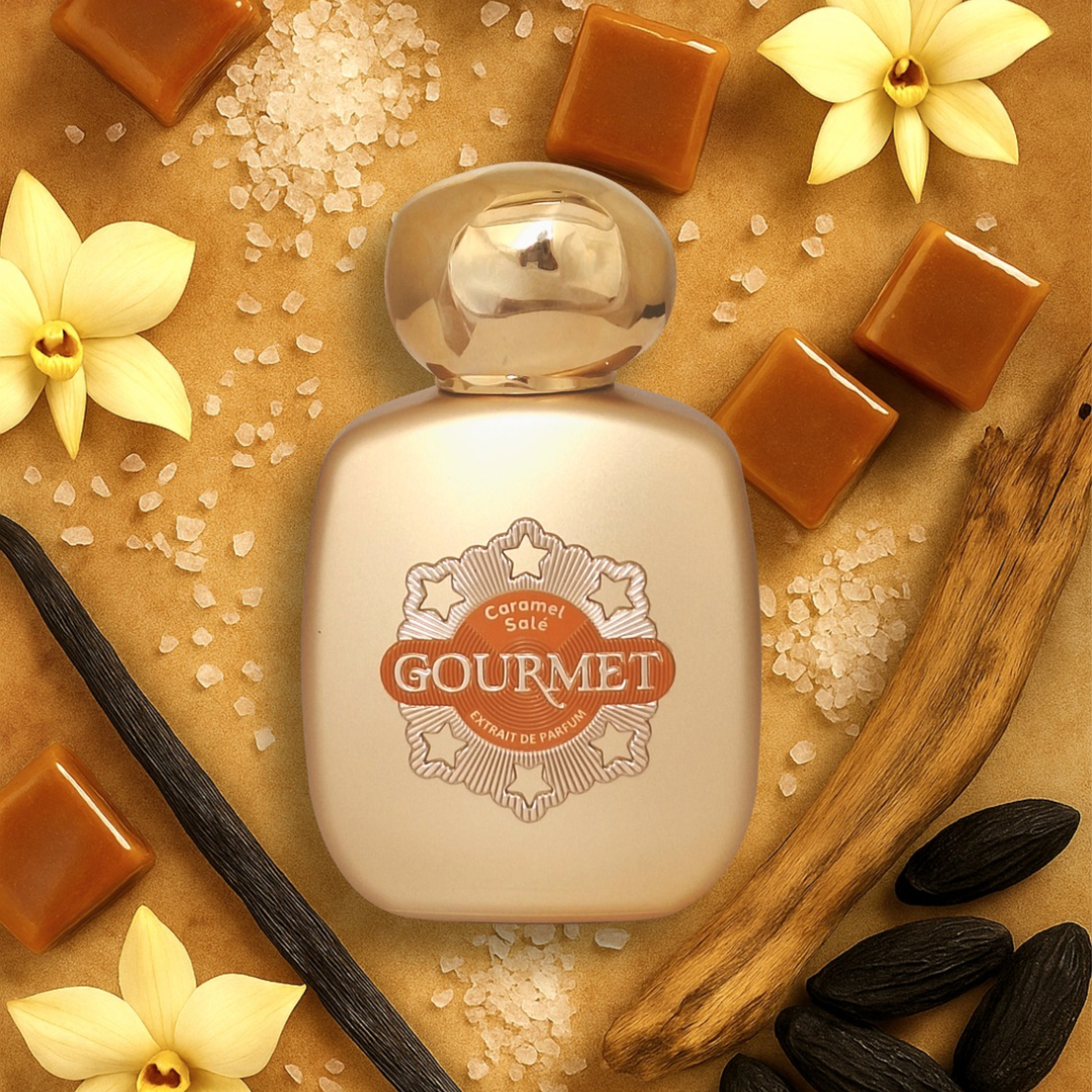 Gourmet perfume bottle with caramel, vanilla beans, and flowers on a brown background
