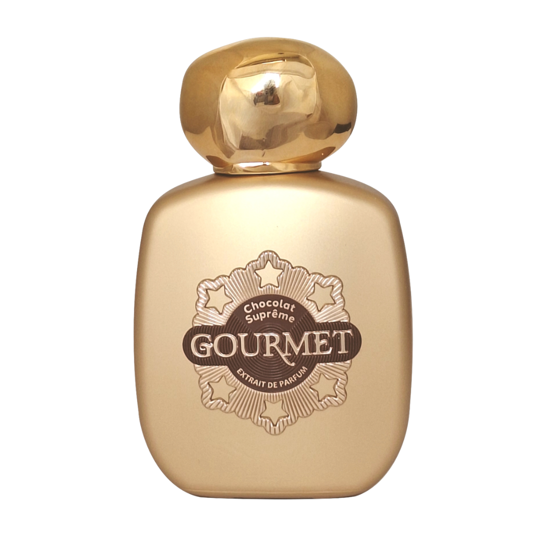 Gold perfume bottle with 'Gourmet' and 'Chocolat Supreme' text on a white background