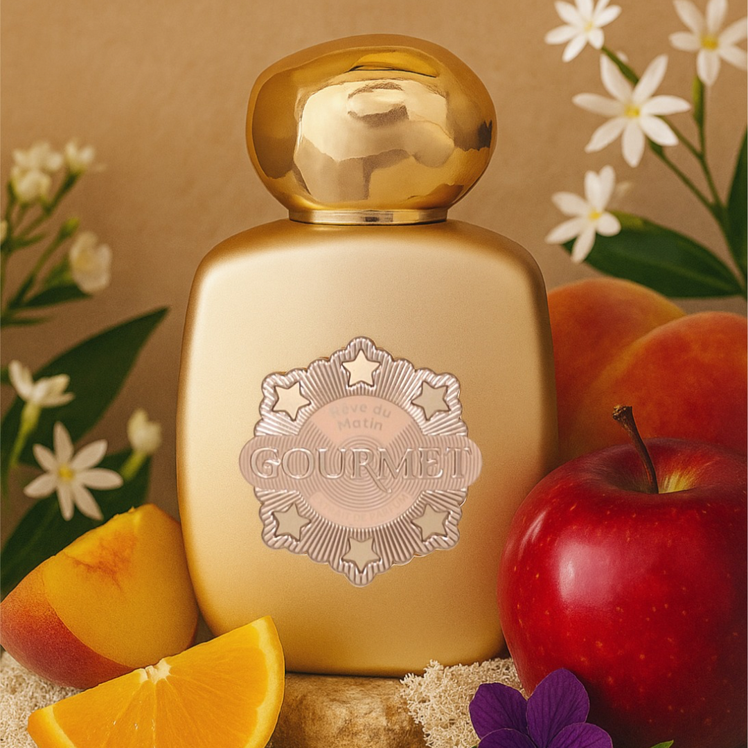 Gold perfume bottle with 'Gourmet' branding, surrounded by fruits and flowers on a beige background