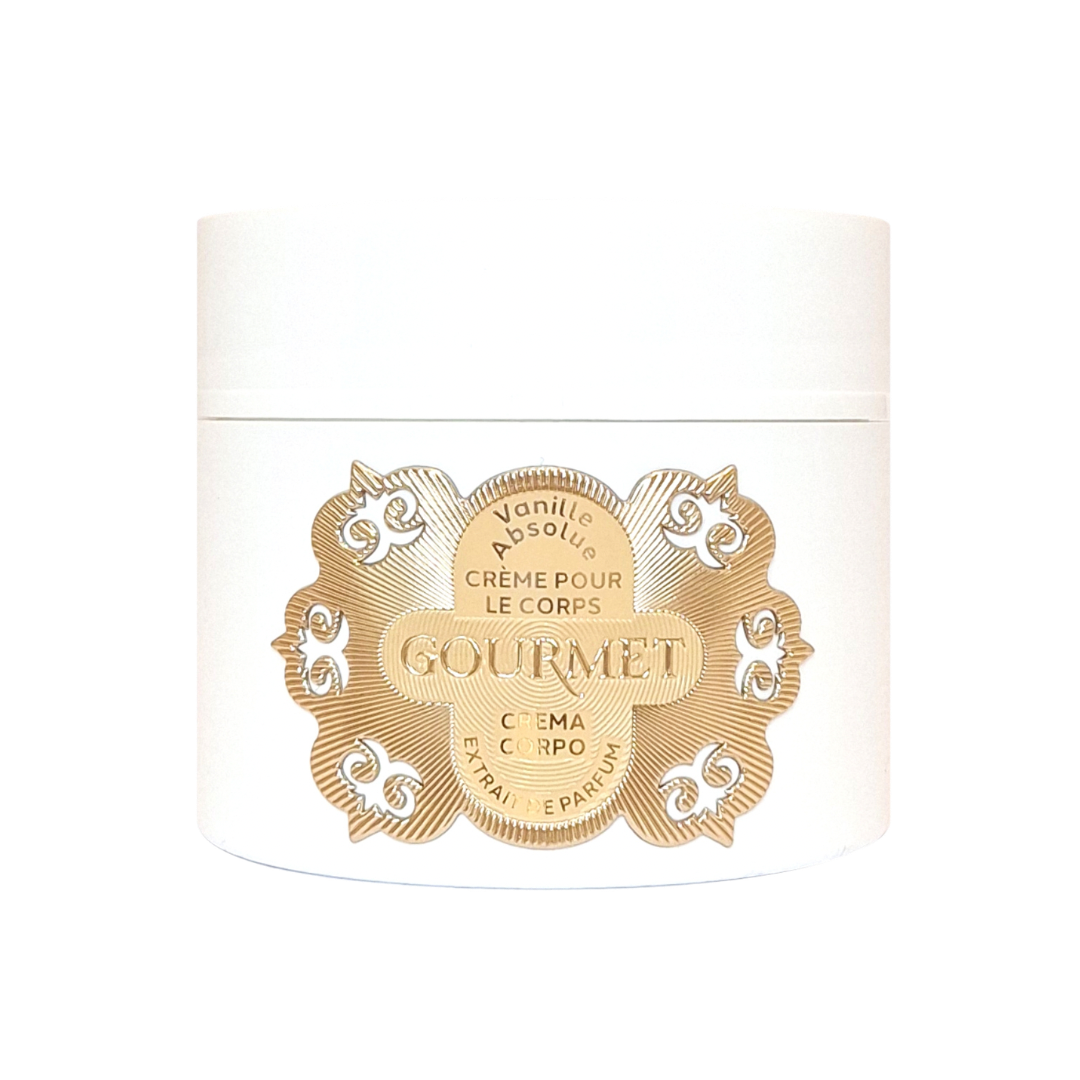 White container of gourmet crème pour le corps with gold decorative label on a white background