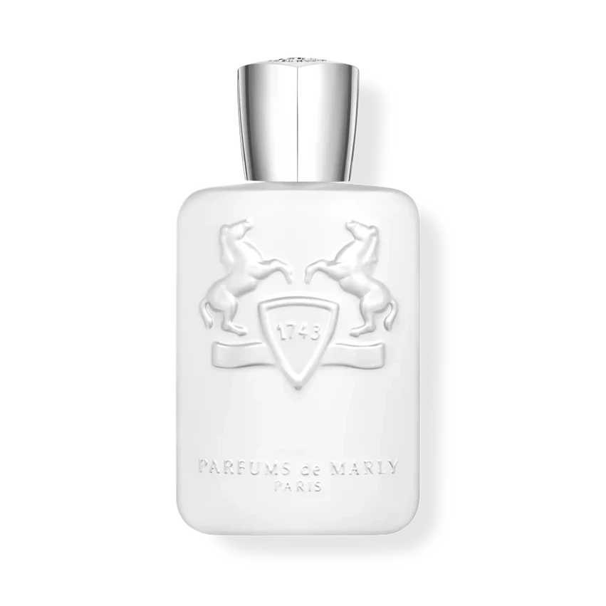 White perfume bottle with silver cap on a white background