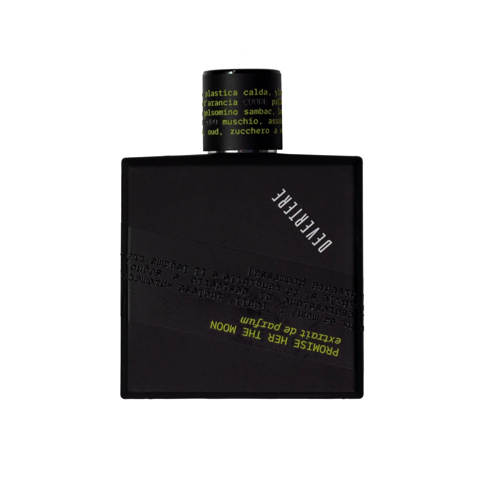 Black perfume bottle with yellow text on a white background