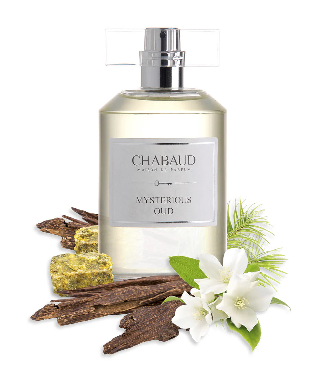 Chabaud Maison de Parfum Mysterious Oud perfume bottle with vanilla beans and flowers on a white background