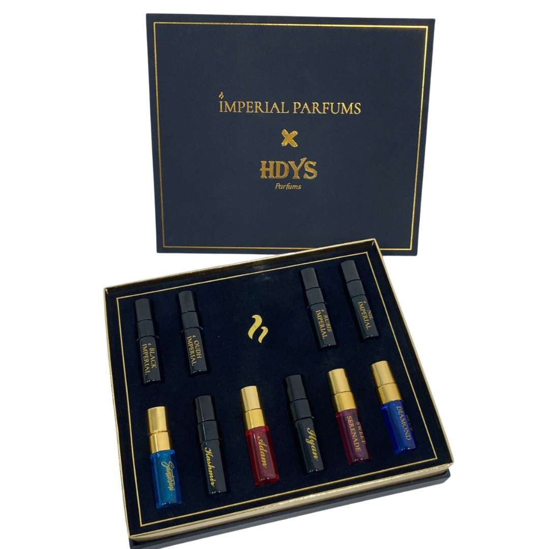 Set of Imperial Parfums and HDYS perfume bottles in a display case with a dark blue box in the background.
