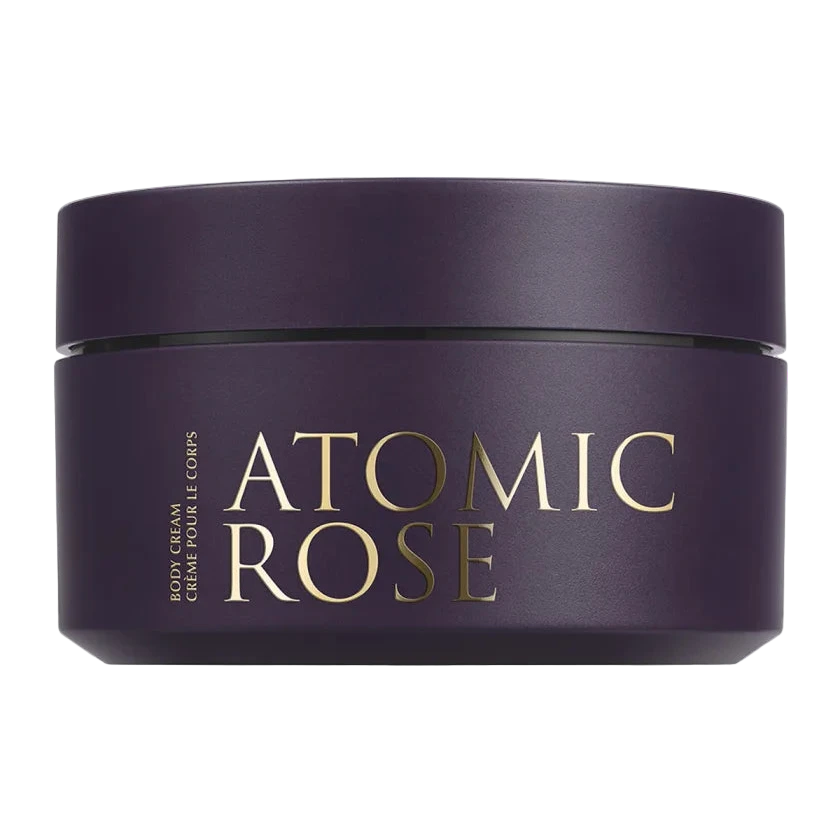 Purple jar of 'Atomic Rose' cream on a white background