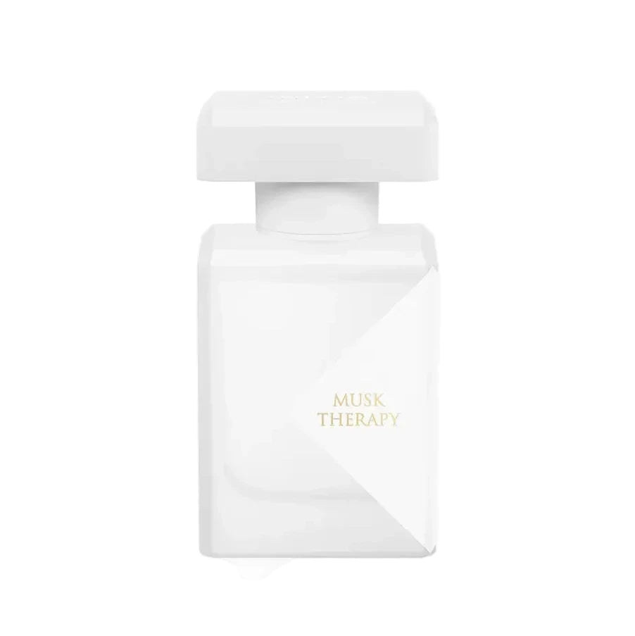 White perfume bottle labeled 'Musk Therapy' on a white background