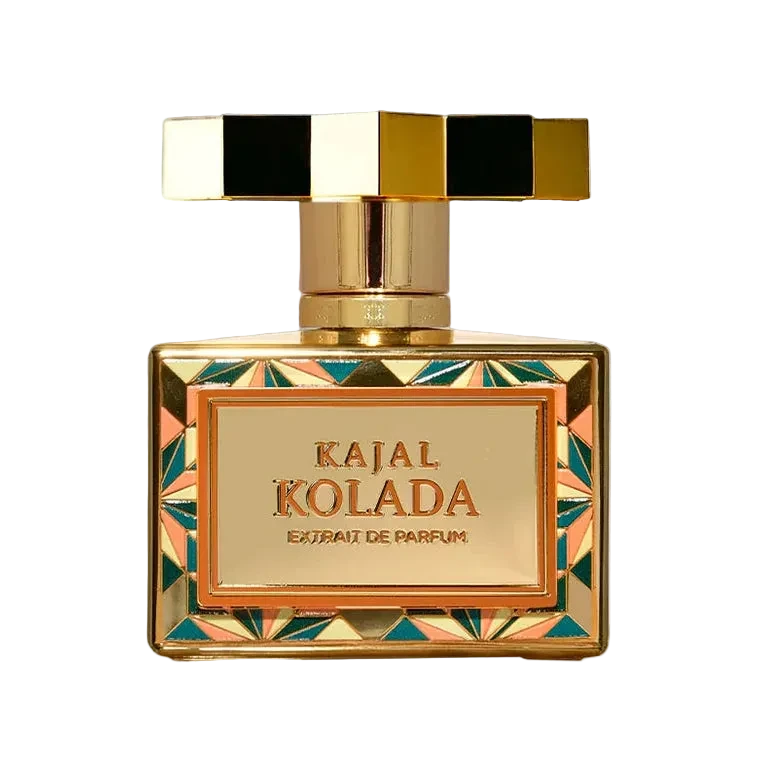 Perfume bottle with gold and black design on a white background