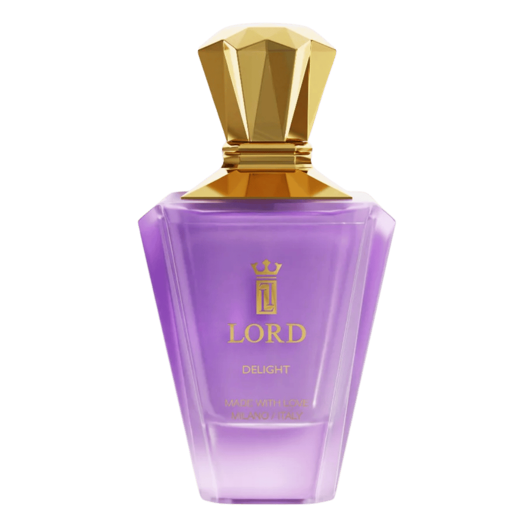 Purple perfume bottle with gold cap on a transparent background