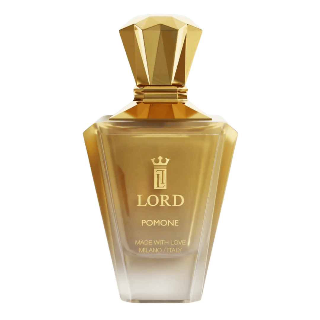 Gold perfume bottle with 'LORD' branding on a green background