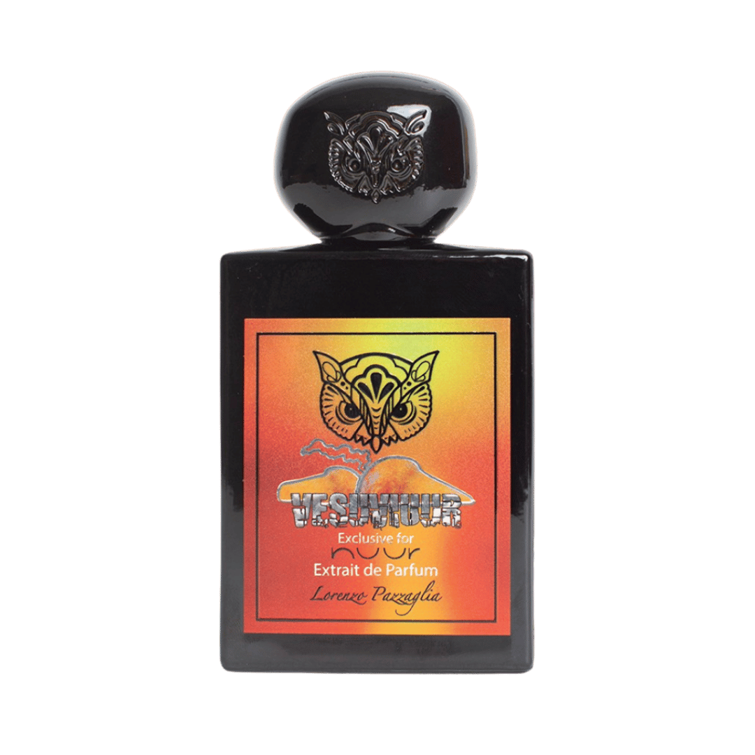 Perfume bottle with a tiger logo on an orange and yellow label against a white background