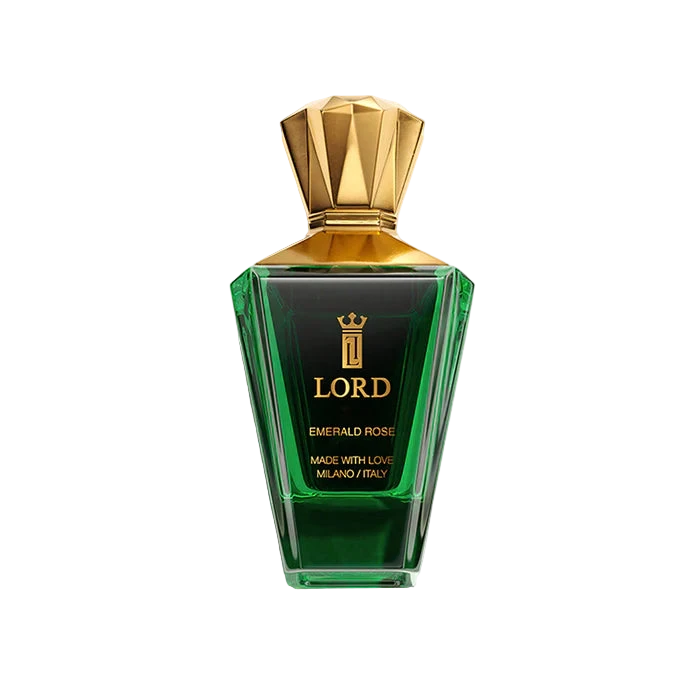 A bottle of Lord Milano Emerald Rose Eau de Parfum with a green tint and gold-colored cap.