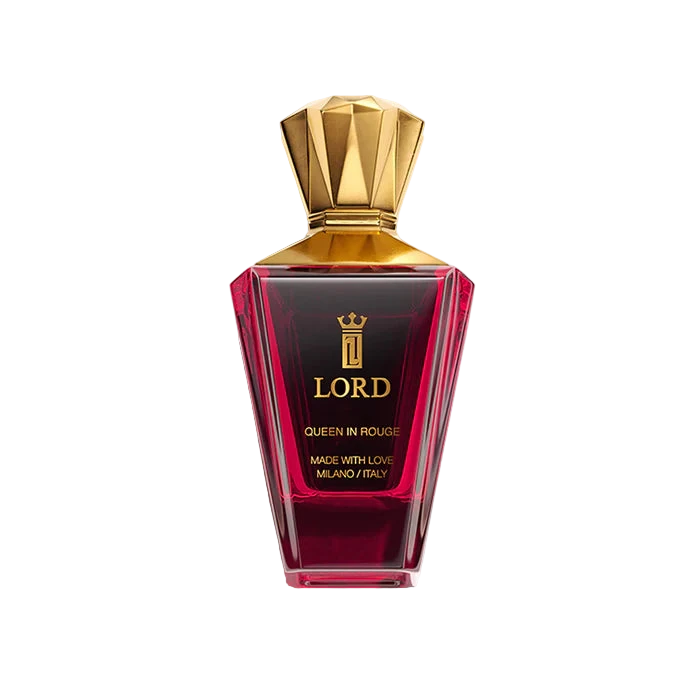 A bottle of Lord Milano Queen In Rouge Eau de Parfum with a rich red color and a gold-colored cap.