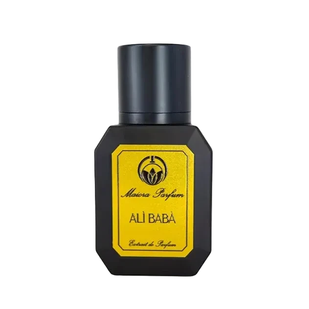 A black bottle of perfume labeled 'Maiora' with a yellow sticker that reads 'Ali Baba Parfums'.