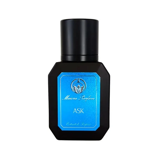 A black bottle of Maiora Parfum Ask Extrait de Parfum with a blue label.