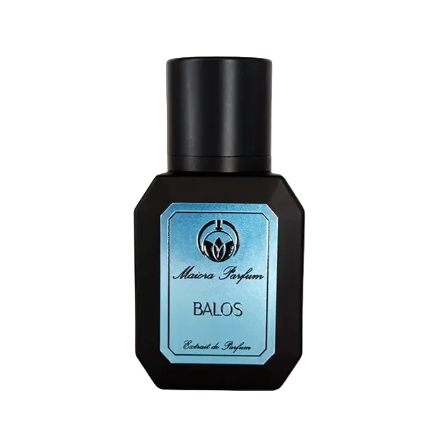 A bottle of Maiora Parfum Balos Extrait de Parfum with a black cap and a label that has the name 'Balos' and the word 'Parfum' on it, against a white background.