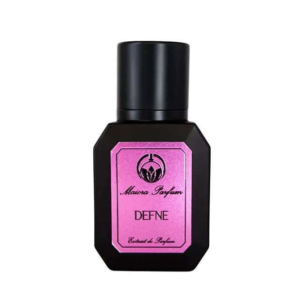 A black bottle of perfume labeled 'Maiora' with a pink sticker on the front.