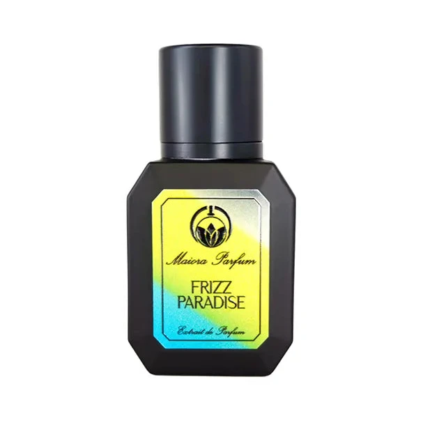 A bottle of Maiora Parfum Frizz Paradise Extrait de Parfum with a black cap and a label that has 'FRIZZ PARADISE' written on it, set against a white background.