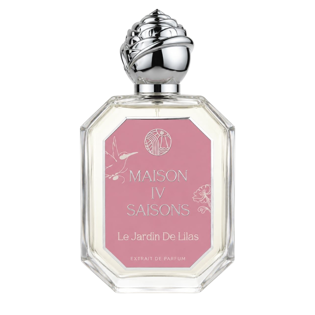 Maison IV Saison Le Jardin De Lilas Extrait de Parfum in a clear octagonal glass bottle with a pink label and a metallic silver cap, shown on a white background.