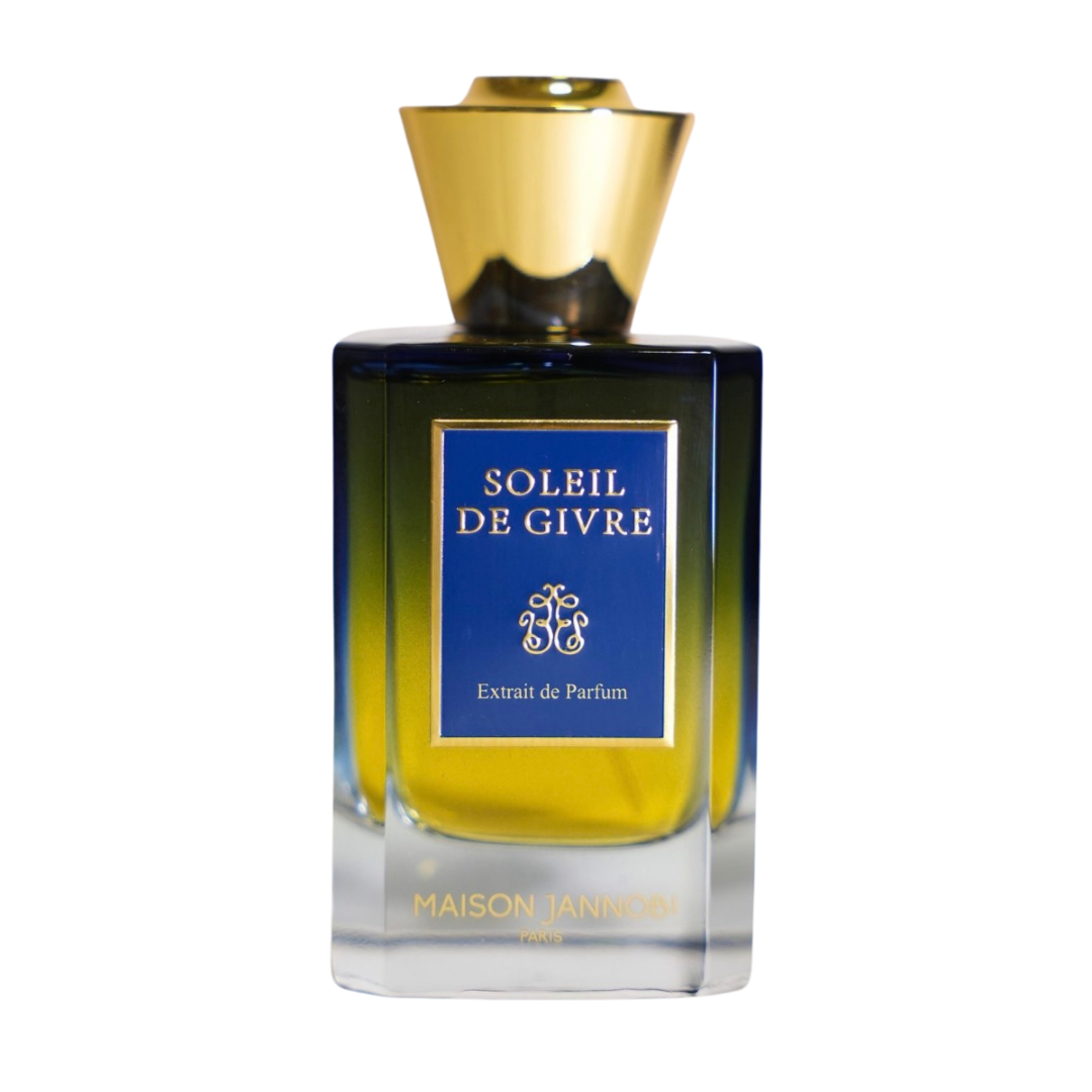 Maison Jannodin Soleil de Givre Extrait de Parfum in a square dark blue glass bottle with a gold cap and a blue label.