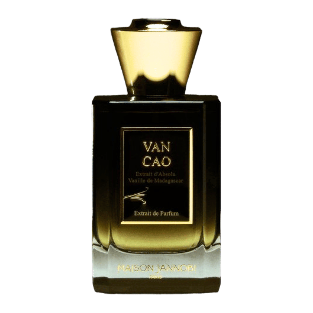 Van Cao perfume bottle with gold cap on a clear background