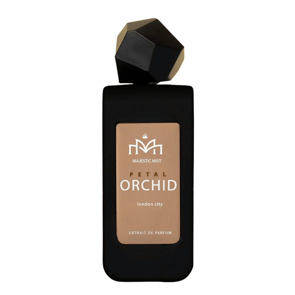 Perfume bottle labeled 'Petal Orchid' by Majestic Mist on a transparent background