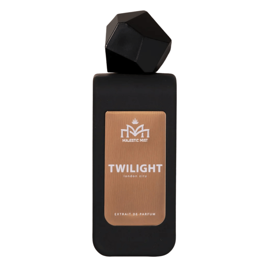 Perfume bottle labeled 'Twilight' by Majestic Mist on a green background