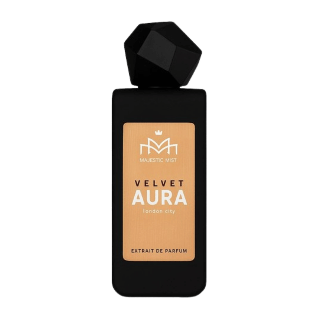 Perfume bottle labeled 'Velvet Aura' by Majestic Mist on a transparent background