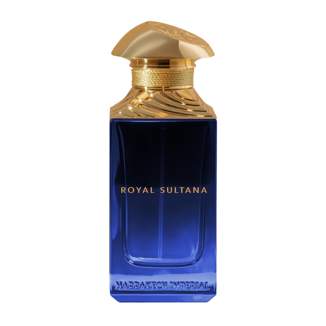 Blue perfume bottle with gold cap labeled 'Royal Sultana' on a white background