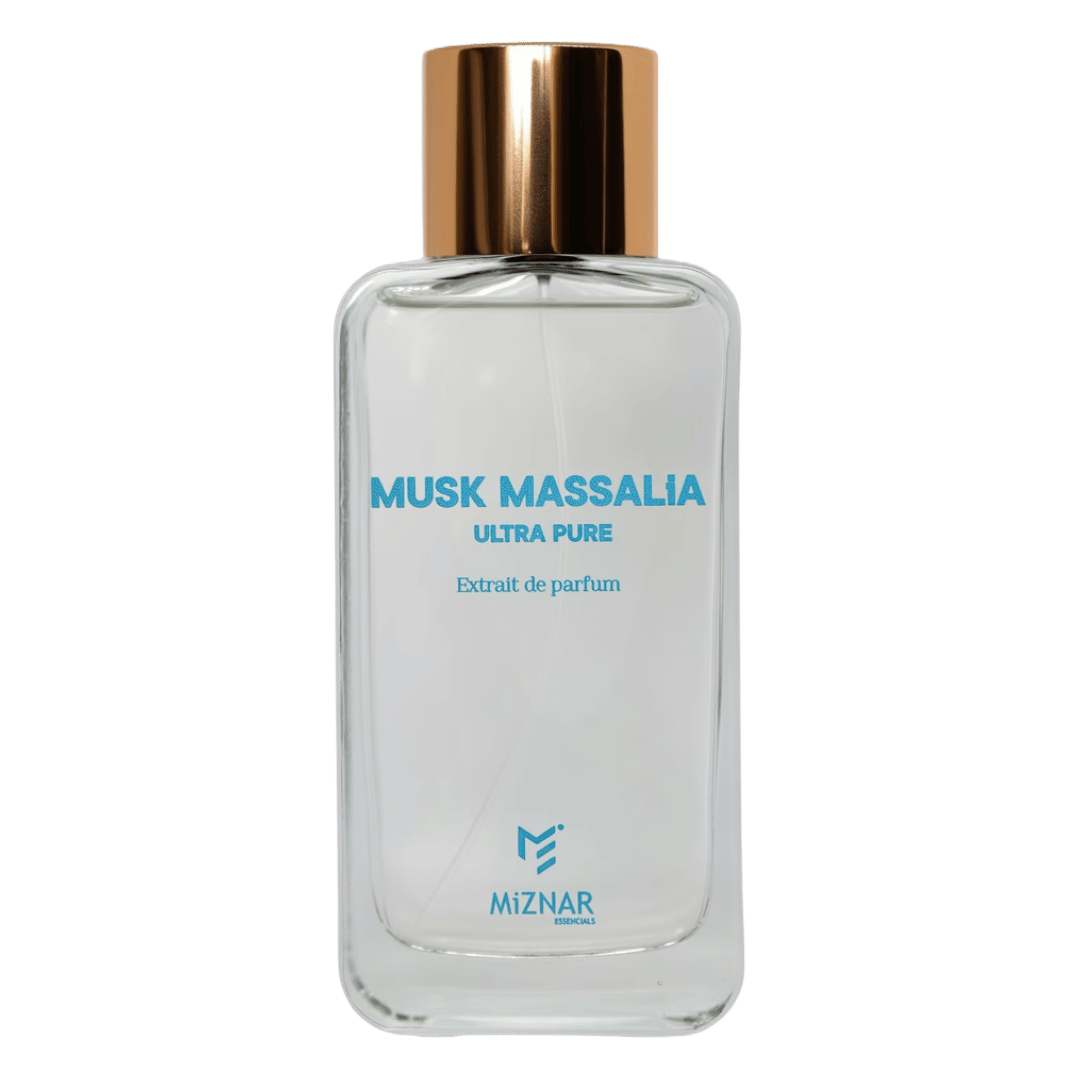 A clear rectangular perfume bottle with a metallic rose gold cap, featuring light blue text that reads 'MUSK MASSALIA ULTRA PURE' and 'Extrait de parfum' on a solid dark green background. The brand 'MIZNAR' is visible at the bottom of the bottle.