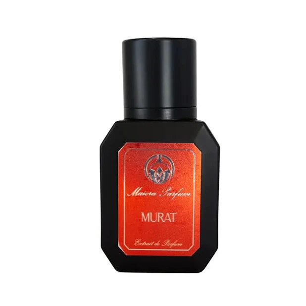 A black bottle of Maiora Parfum Murat Extrait de Parfum with a red label.