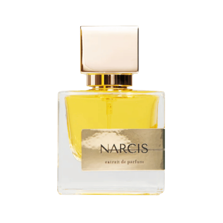 Perfume bottle labeled 'Narcis' on a green background