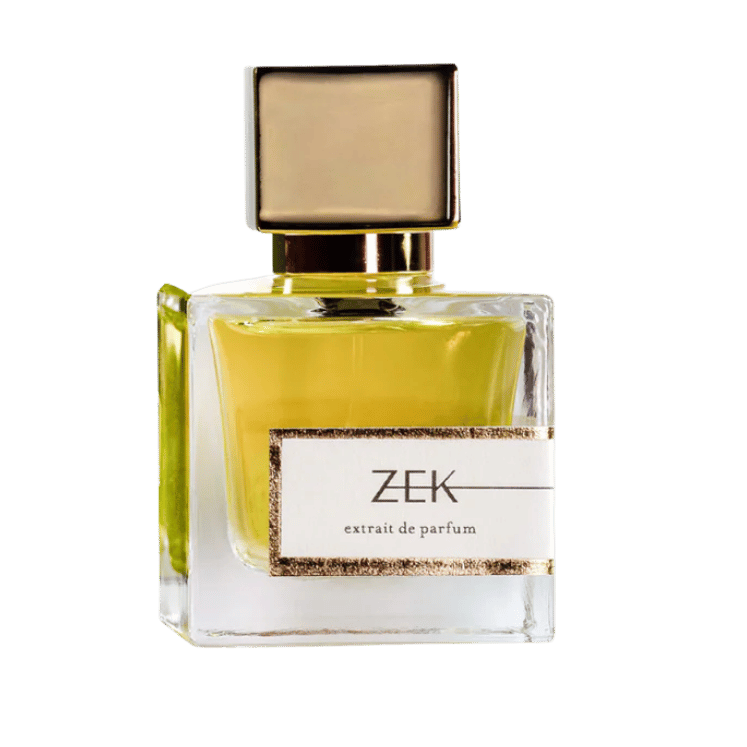 Perfume bottle labeled 'Zek' on a green background