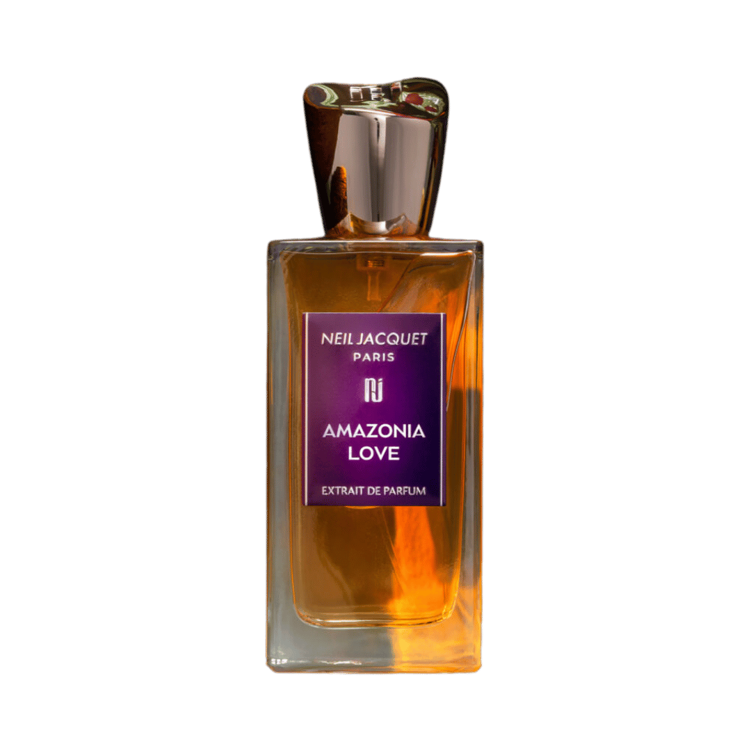 Perfume bottle labeled 'Amazonia Love' by NeilJacquet Paris on a green background