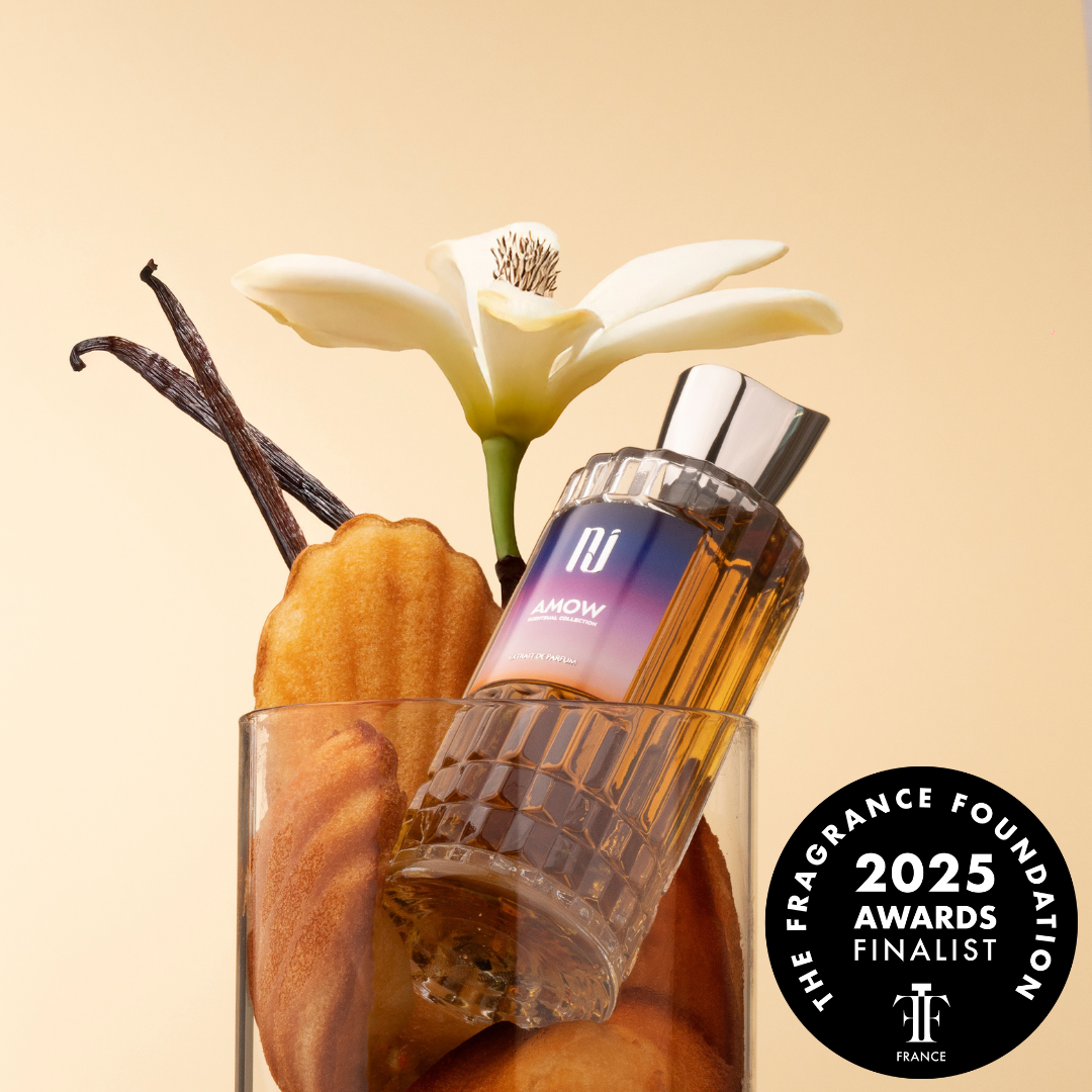 Fragrance bottle with flowers and vanilla bean on a beige background, featuring 2025 Fragrance Foundation Award badge.