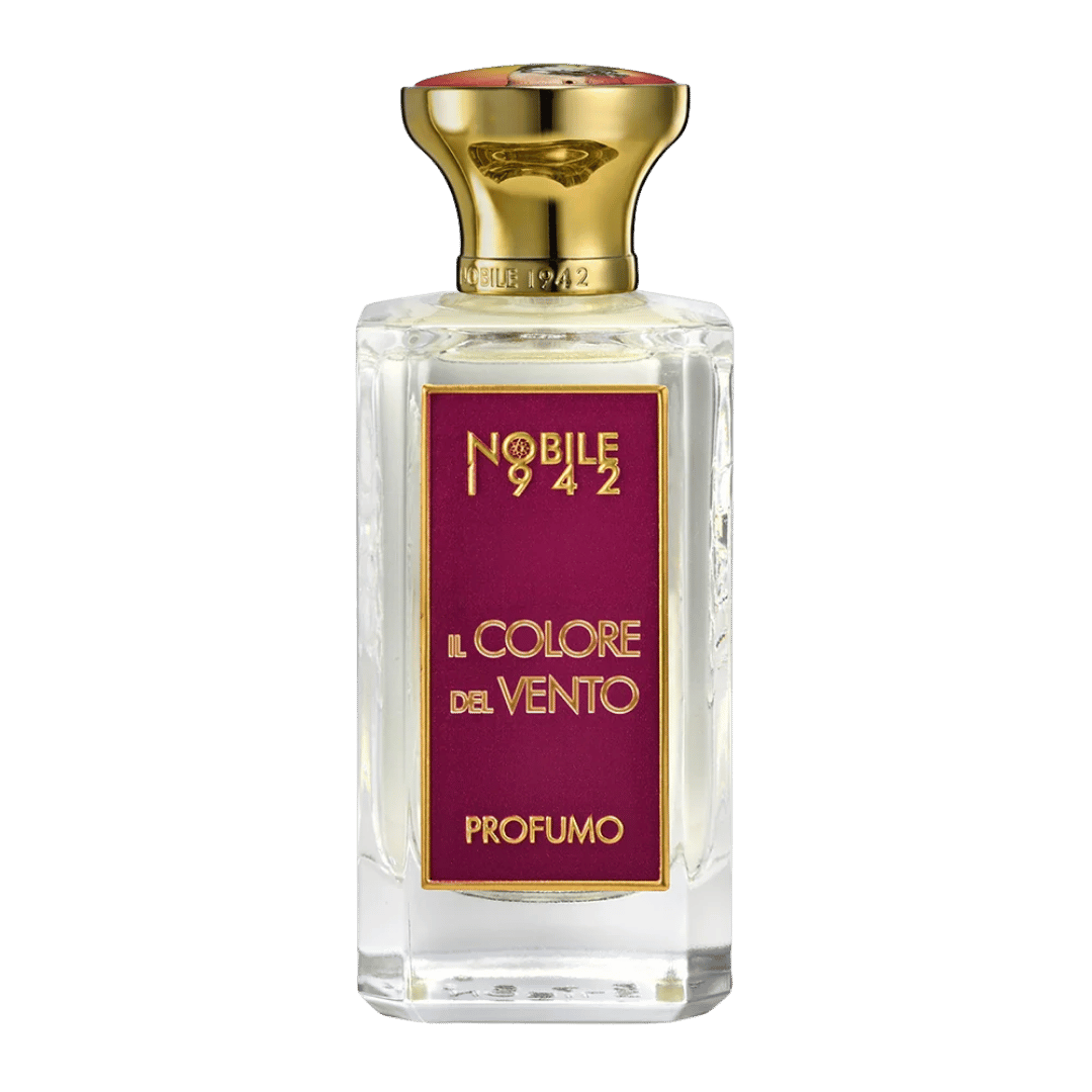 Perfume bottle with gold cap and maroon label on a white background