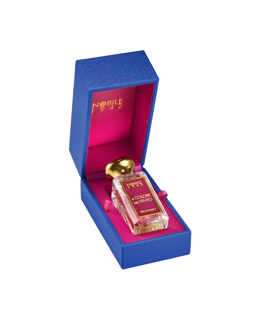 Perfume bottle with gold cap in a blue and pink box, featuring 'Nobile 1949' branding.