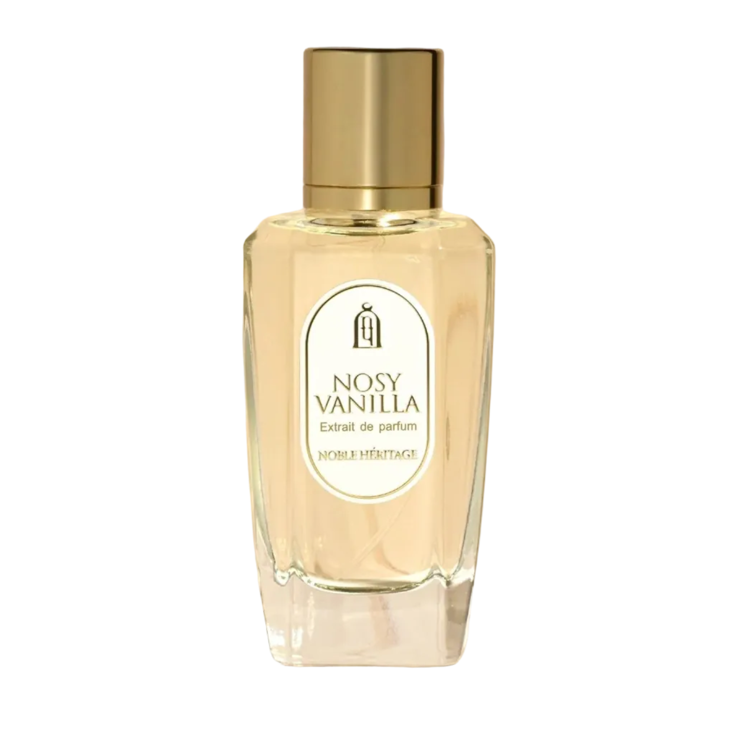 Nosy Vanilla extrait de Parfum bottle by World Heritage, featuring a clear glass bottle with a gold cap and a cream-colored label, displayed on a marble pedestal against a marble background.