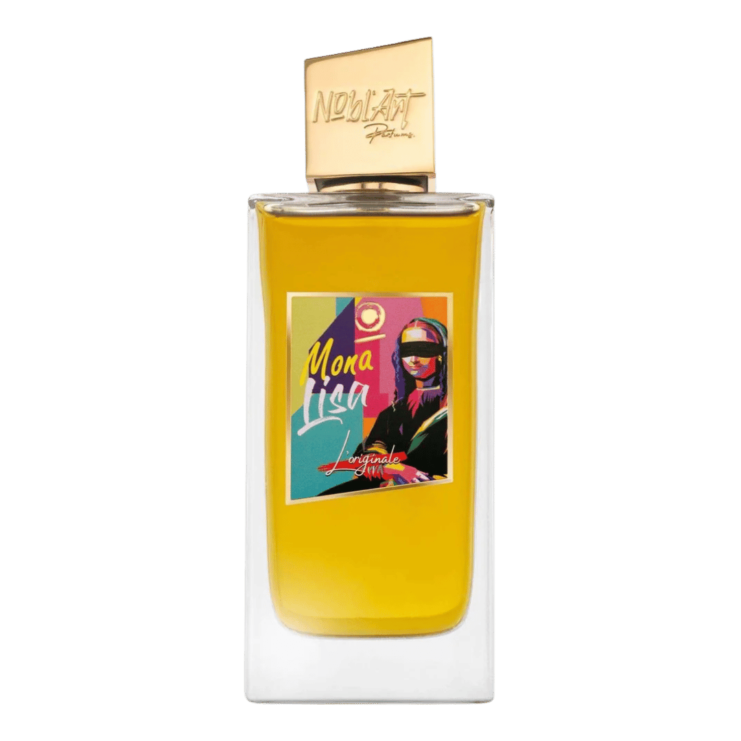 Perfume bottle with colorful label and gold cap on a white background