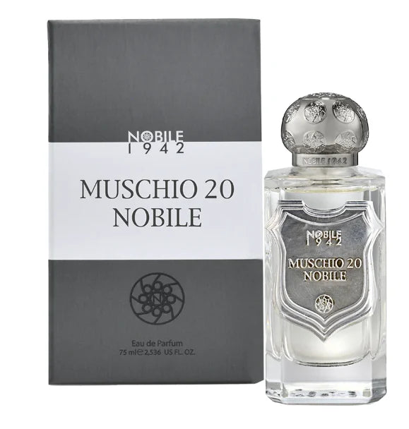 A product image featuring a bottle of Nobile 1942 Muschio 20 Nobile Eau de Parfum with its packaging box. The bottle is clear with a dark liquid, and the packaging is primarily dark with 'MUSCHIO 20 NOBILE' printed on it.